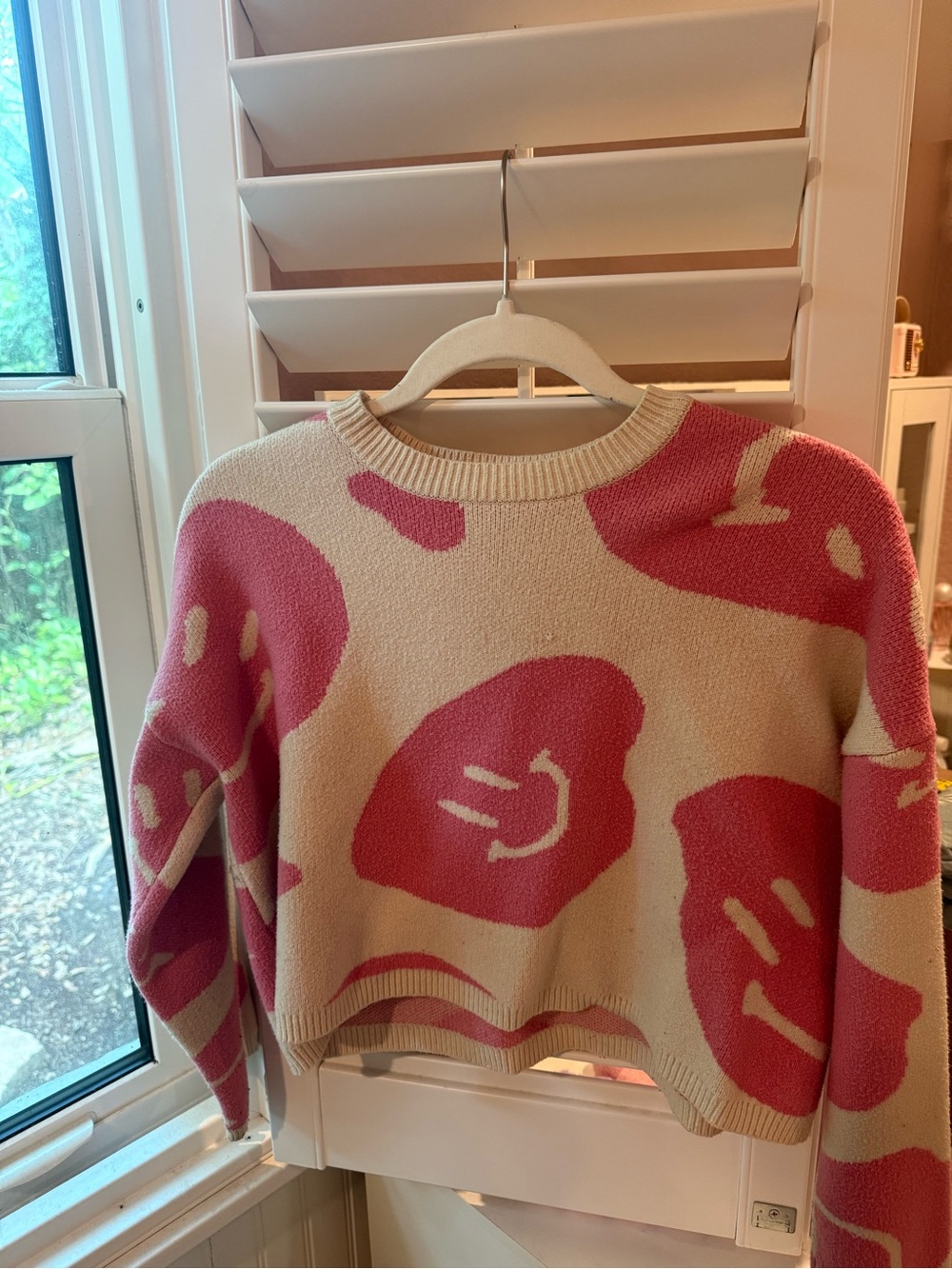 moon & madison Cream Crewneck Sweater with Pink Smiley Pattern